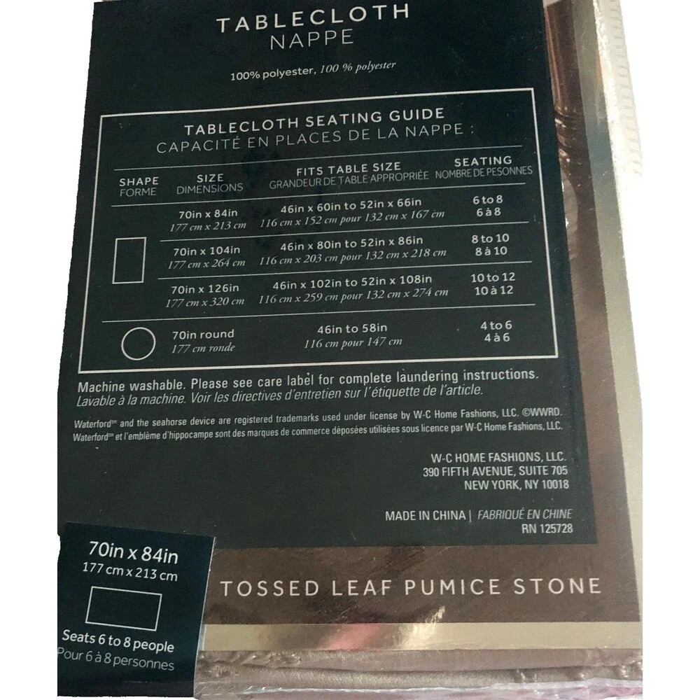 Waterford Luxury Christmas Fabric Tablecloth Gray Tossed Leaf Pumice Stone 70x84